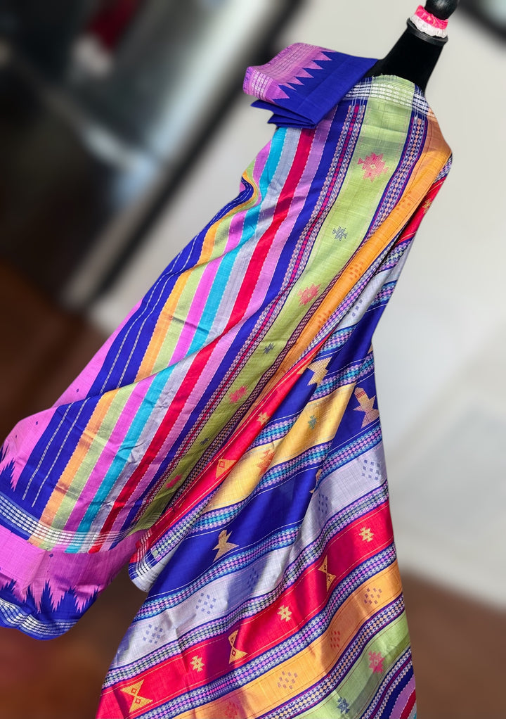 Lavender Pink with blue combination Berhampuri Double pallu pure silk saree