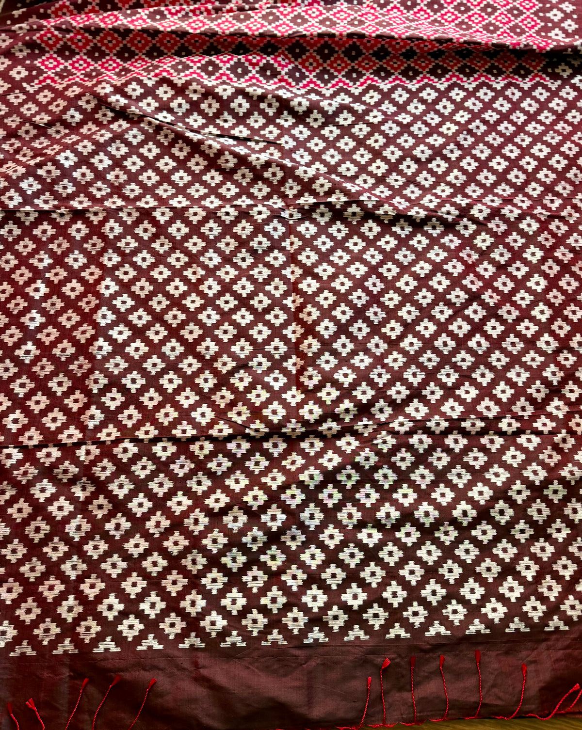 Maroon handwoven ikat pure silk saree with pasapali design|Odisha Weaves|Contemporary Ikat|Antara