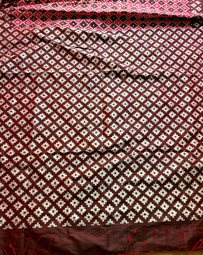 Maroon handwoven ikat pure silk saree with pasapali design|Odisha Weaves|Contemporary Ikat|Antara