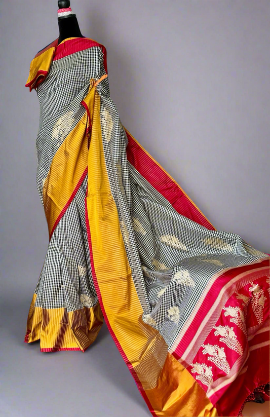 Pure Katan Silk Checks Banarasi handlooms ektara and Kadhwa weaved Saree