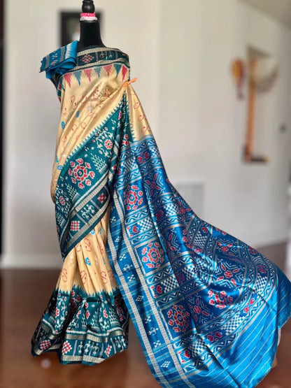 Baige Gold with blue combination handwoven contemporary ikat pure silk saree | Odisha weaves