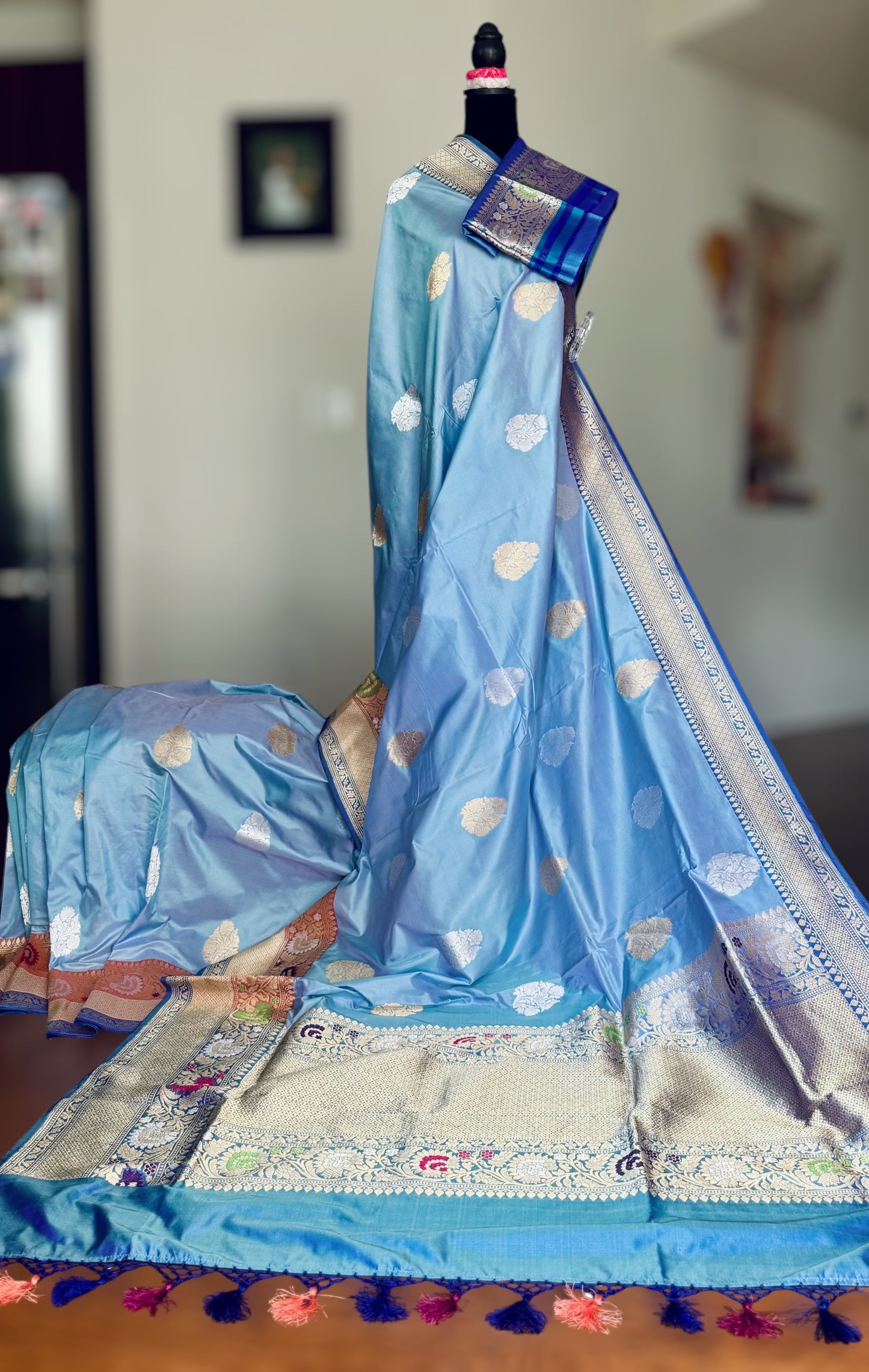 Luxurious Powder Blue Banarasi pure katan silk saree with Kadhwa and meenakari work