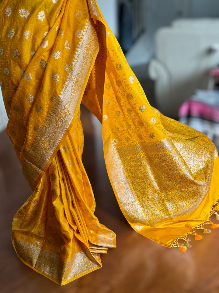 Banarasi Semi Mashru Silk Yellow color Saree|Value Vogue