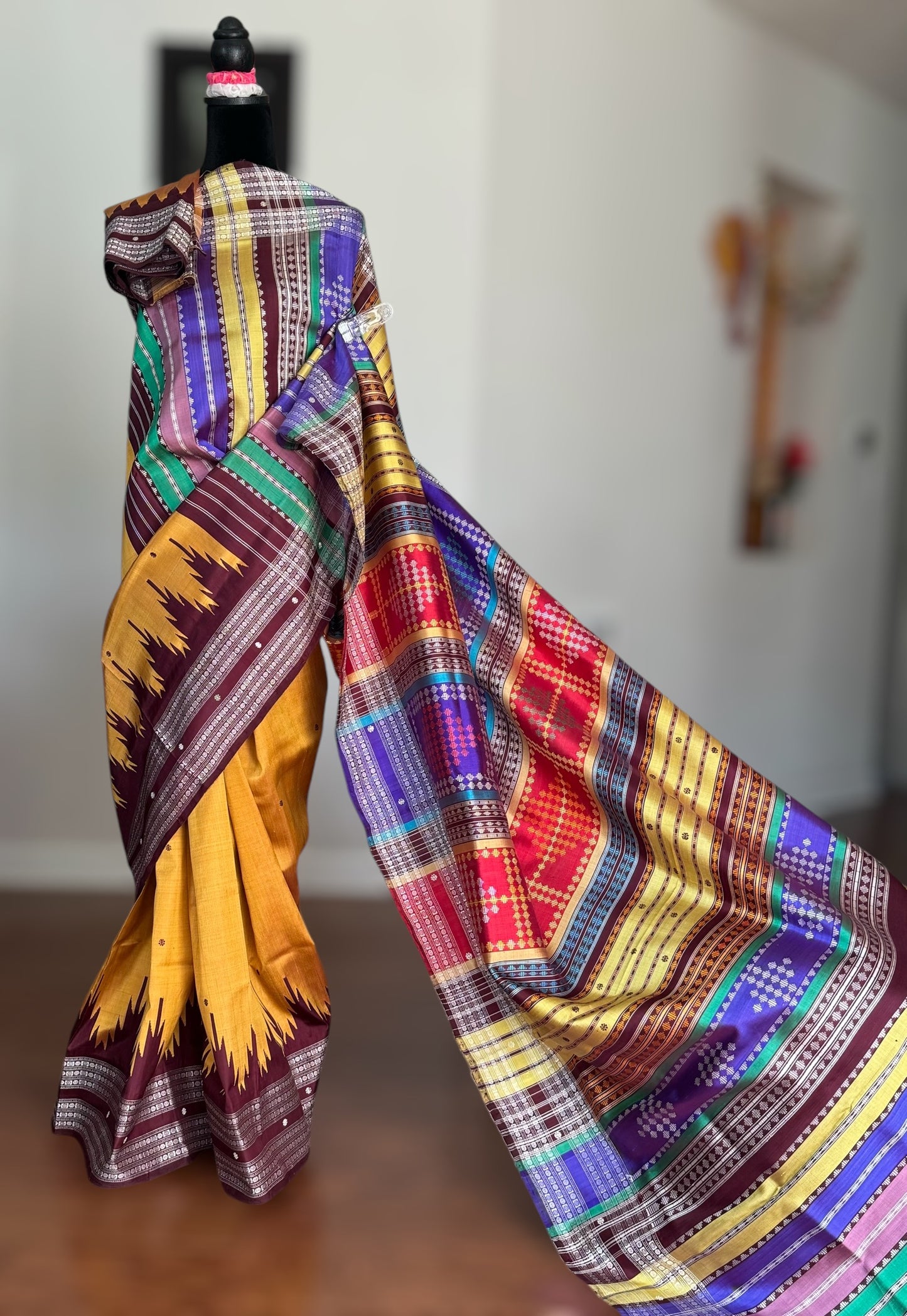 Mustard with brown  Berhampuri pure silk saree with colorful double pallu