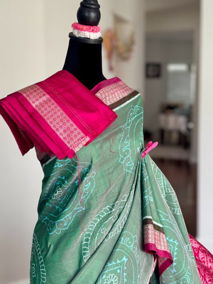 Handwoven Sage green and Pink yantra theme Sambalpuri ikat pure silk saree|Odisha Weaves|