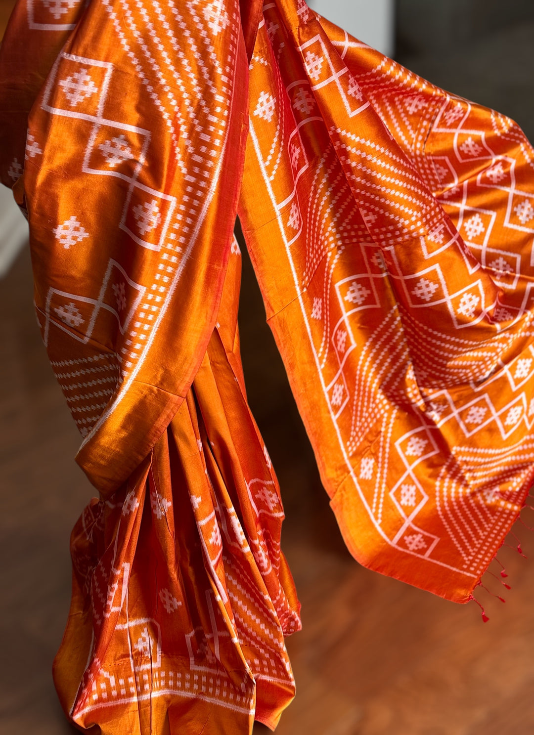 Orange color handwoven ikat pure silk saree|Odisha Weaves|Contemporary Ikat|