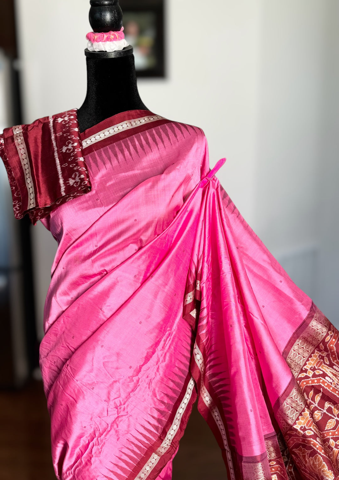 Pink Sambalpuri Ikat Pure Silk Saree with “Triphala” Ikat Pallu and Maroon Border |Odisha Weaves