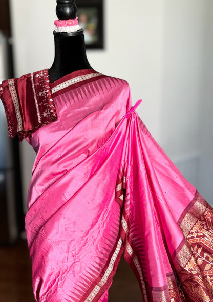 Pink Sambalpuri Ikat Pure Silk Saree with “Triphala” Ikat Pallu and Maroon Border