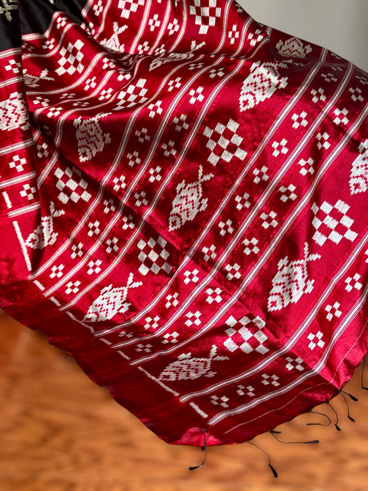 Black color fish motif handwoven ikat pure silk saree|Odisha Weaves|Contemporary Ikat|