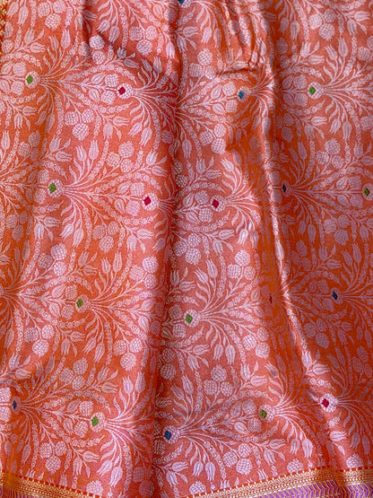 Orange Banarasi handwoven brocade pure silk with Tanchoi meenakari kadhuwa weave saree
