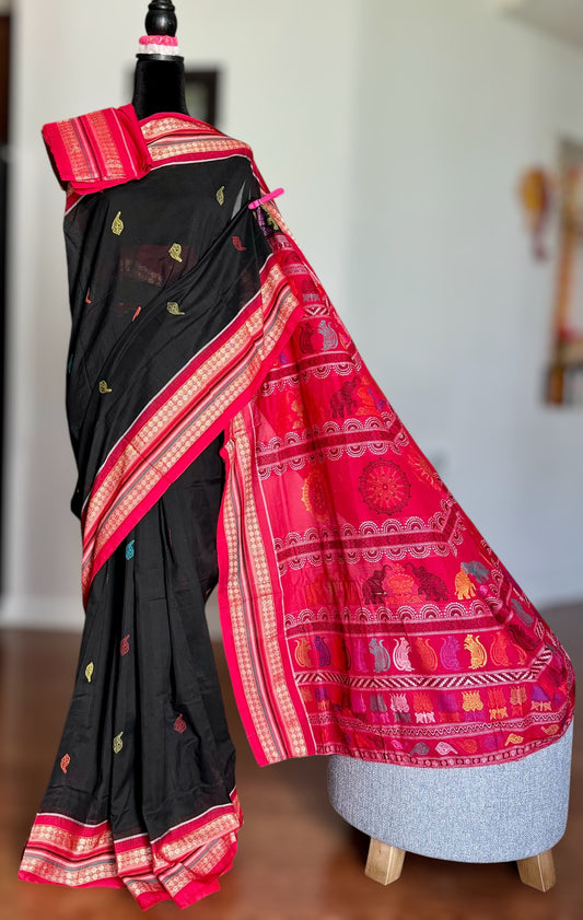 Handwoven Bomkai cotton saree in black red combinations