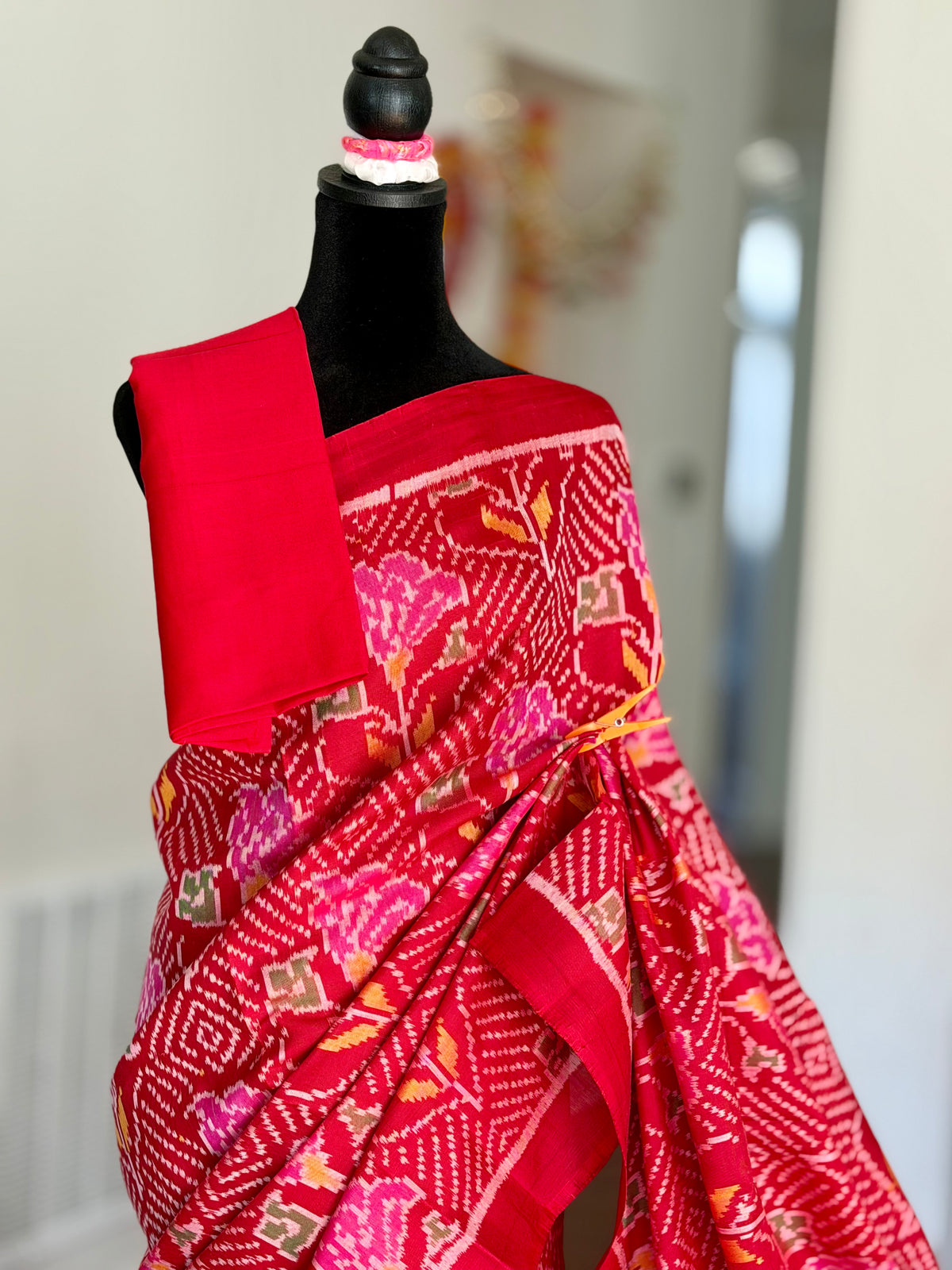 Red color single ikat patan Patola pure silk saree (aka semi-double ikat)