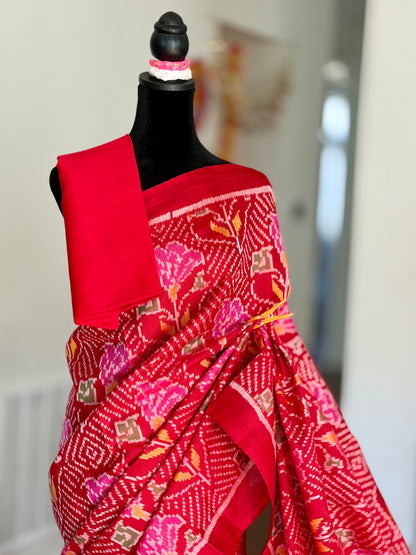 Red color single ikat patan Patola pure silk saree (aka semi-double ikat)