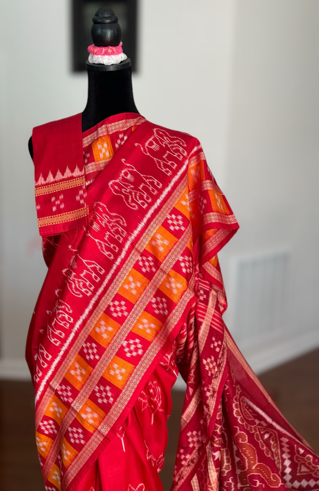 Red color Elegant khandua ikat pure silk saree with Elephant lotus motifs in body and pasapalli border |Odisha Weaves