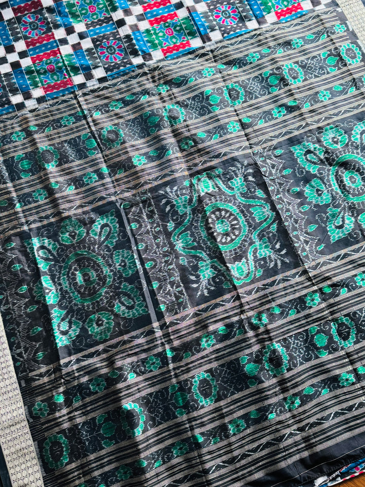 Handwoven Utkal Laxmi Sambalpuri ikat pure silk saree, Green Ikat pallu|Odisha Weaves|