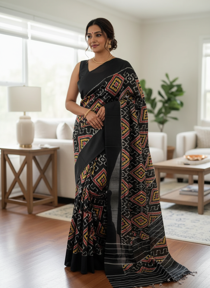 Gorgeous Pochampally ikat high quality pure silk saree in black