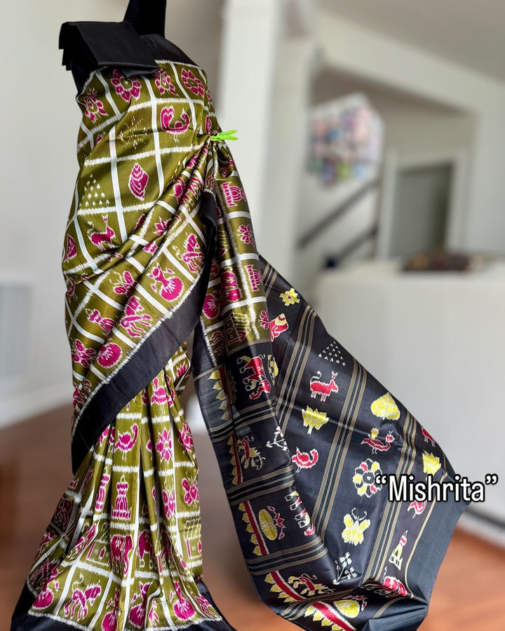 Olive Green Nabakothi Contemporary Ikat Pure Silk Saree|Odisha Weaves|Mishrita
