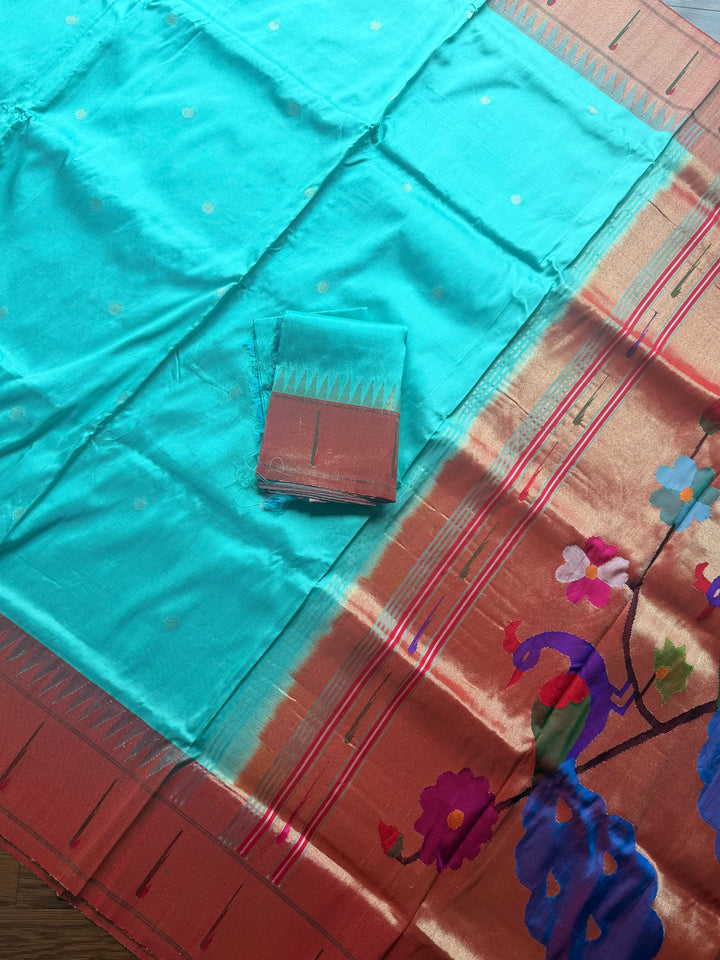 Handwoven Pure Silk Paithani Saree: Peacock Pallu, Aqua Green & Copper Zari