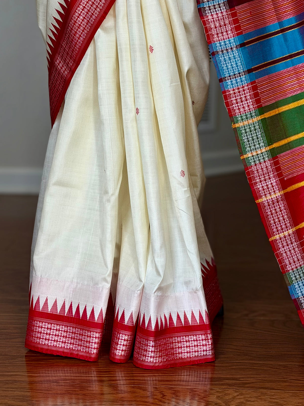 Off- White and Red Berhampuri Double pallu Pure Silk Saree| Odisha Weaves