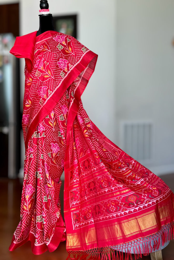 Red color semi (double) ikat patan Patola pure silk saree