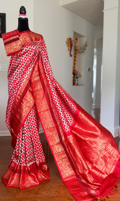 Red Twill Ikkat (Pochampally)handwoven pure silk Saree with Zari Woven Kanchipuram Border