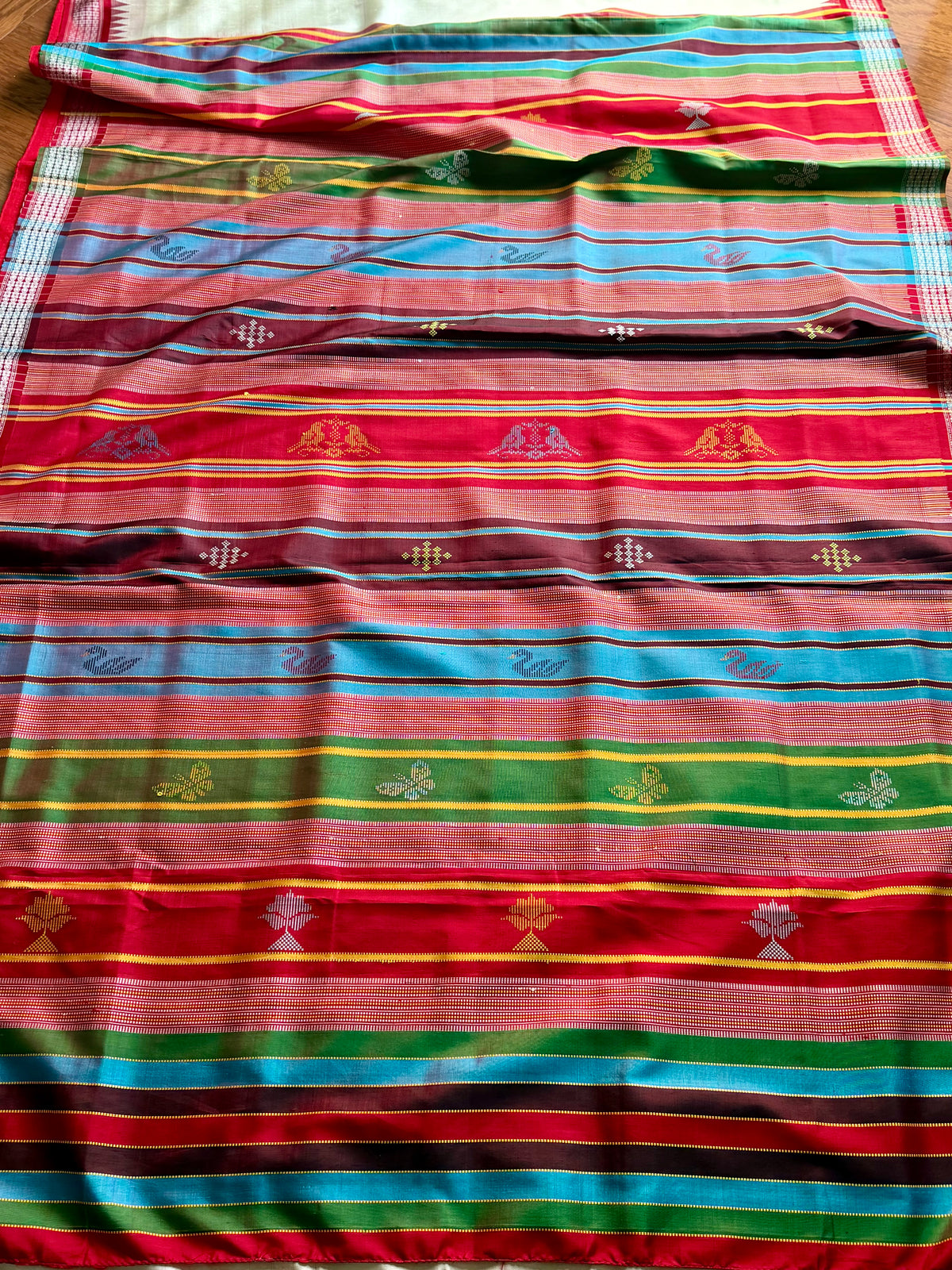 Off- White and Red Berhampuri Double pallu Pure Silk Saree| Odisha Weaves