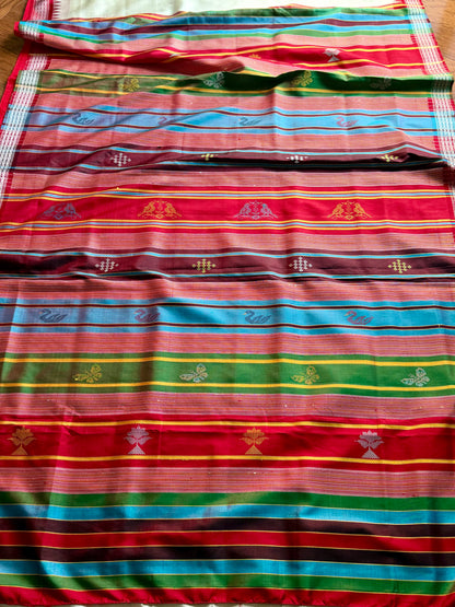 Off- White and Red Berhampuri Double pallu Pure Silk Saree| Odisha Weaves