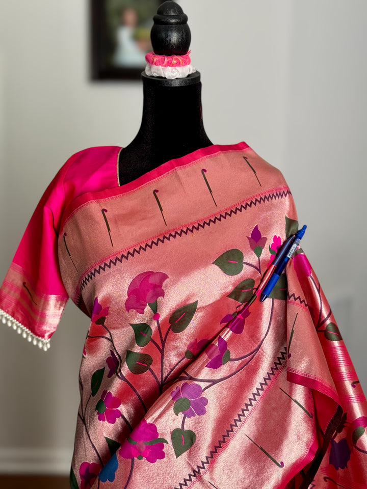 Pink color paithani inspired brocade saree with stitched blouse| Value Vogue