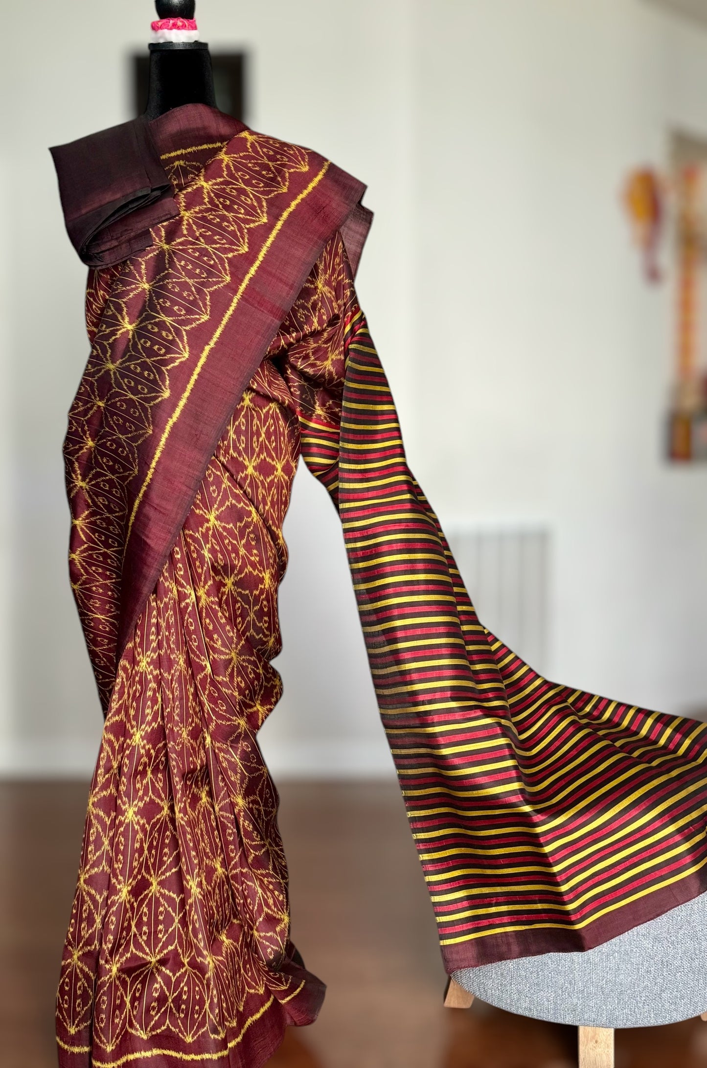 Brown Contemporary Pure silk ikat saree from Odisha weaves