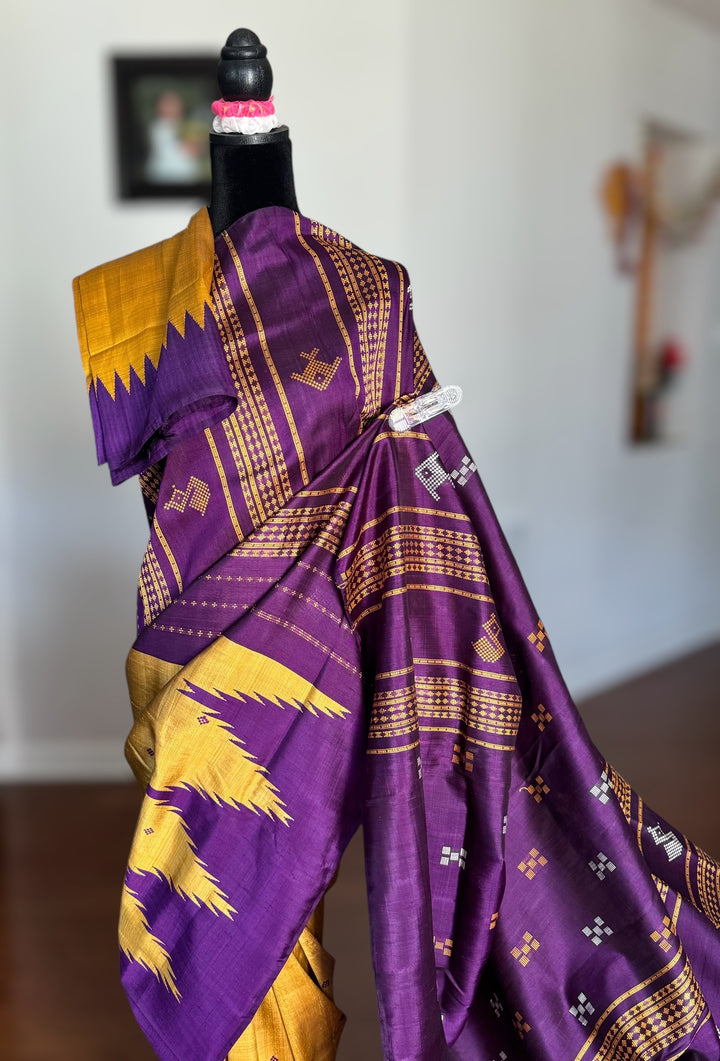 Mustard with purple combination Berhampuri Double Pallu pure silk saree