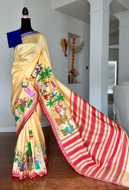 Warm pale yellow Odia Vivaha Pattachitra Berhampuri Pure Silk Saree – Ganga Jamuna Border