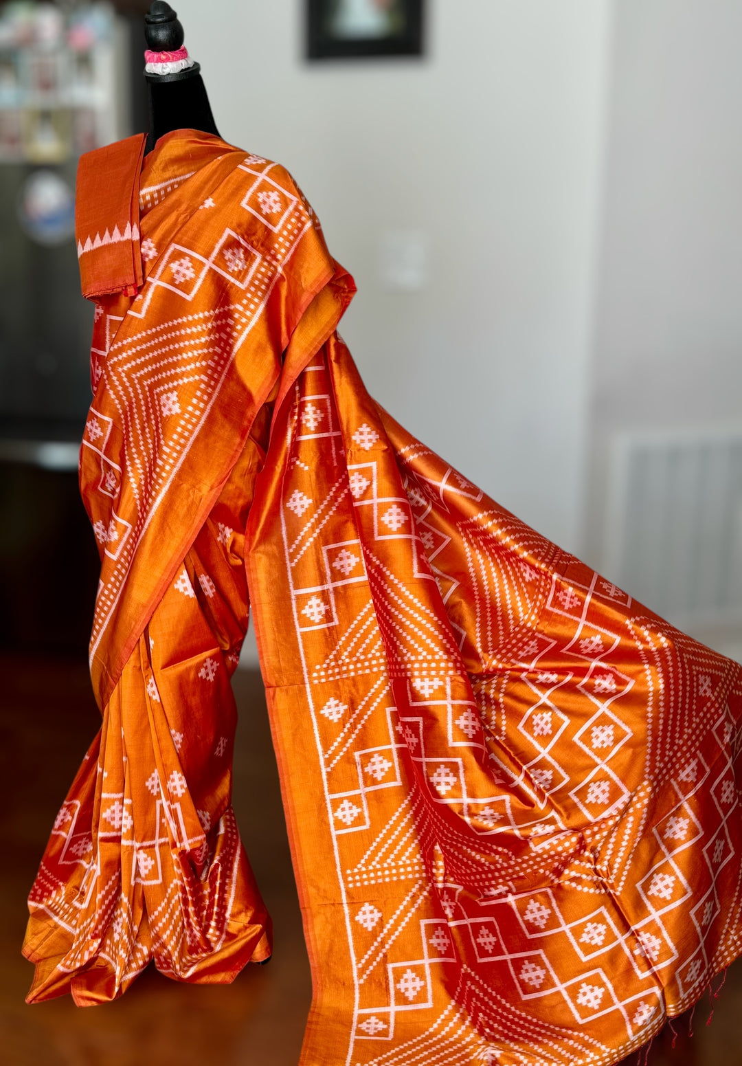 Orange color handwoven ikat pure silk saree|Odisha Weaves|Contemporary Ikat|