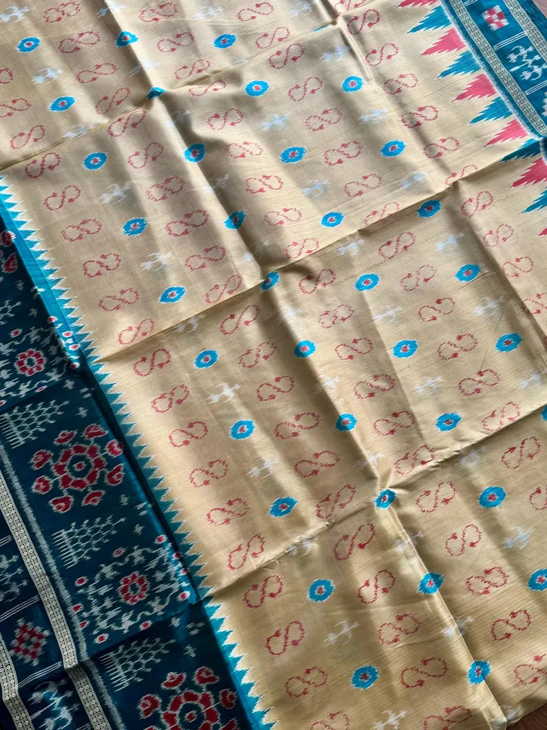 Baige Gold with blue combination handwoven contemporary ikat pure silk saree | Odisha weaves