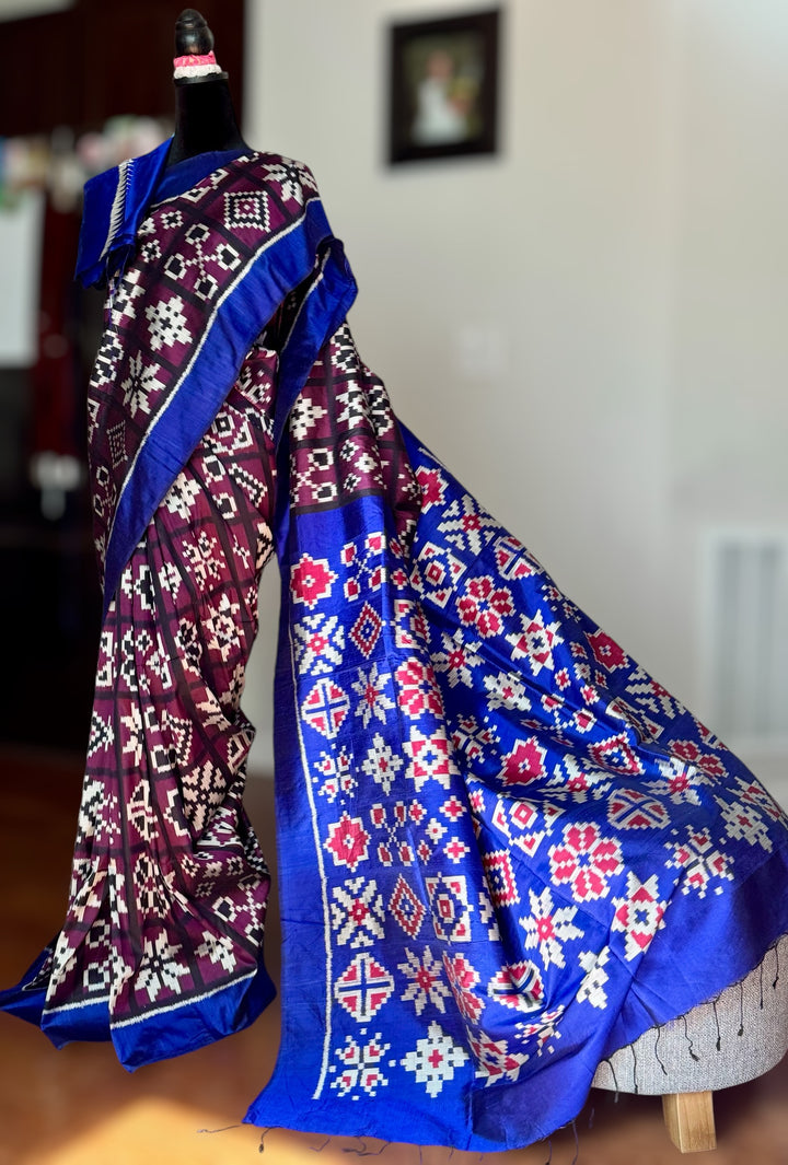 Purple with Blue combination Telia inspired Contemporary ikat pure silk saree
