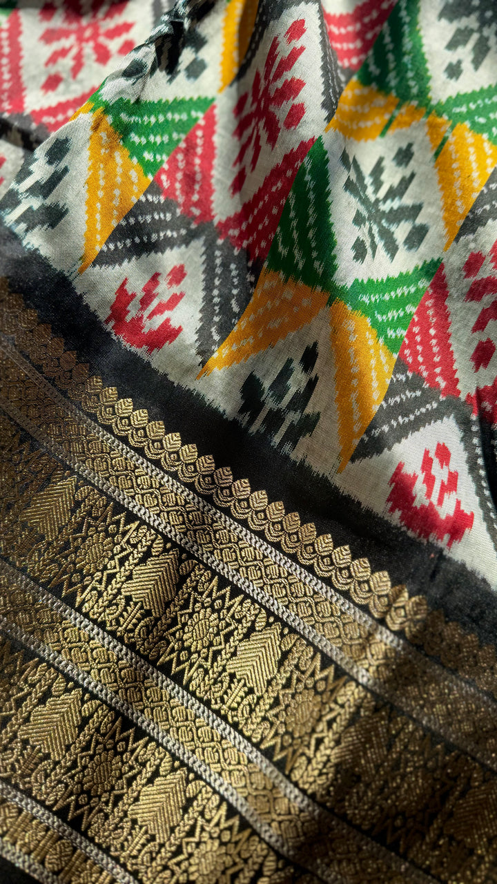 Kanjivaram Ikat Pure Silk Saree with Geometric Motifs(Pochampally)Fusion Silk Saree Unstitched Blouse