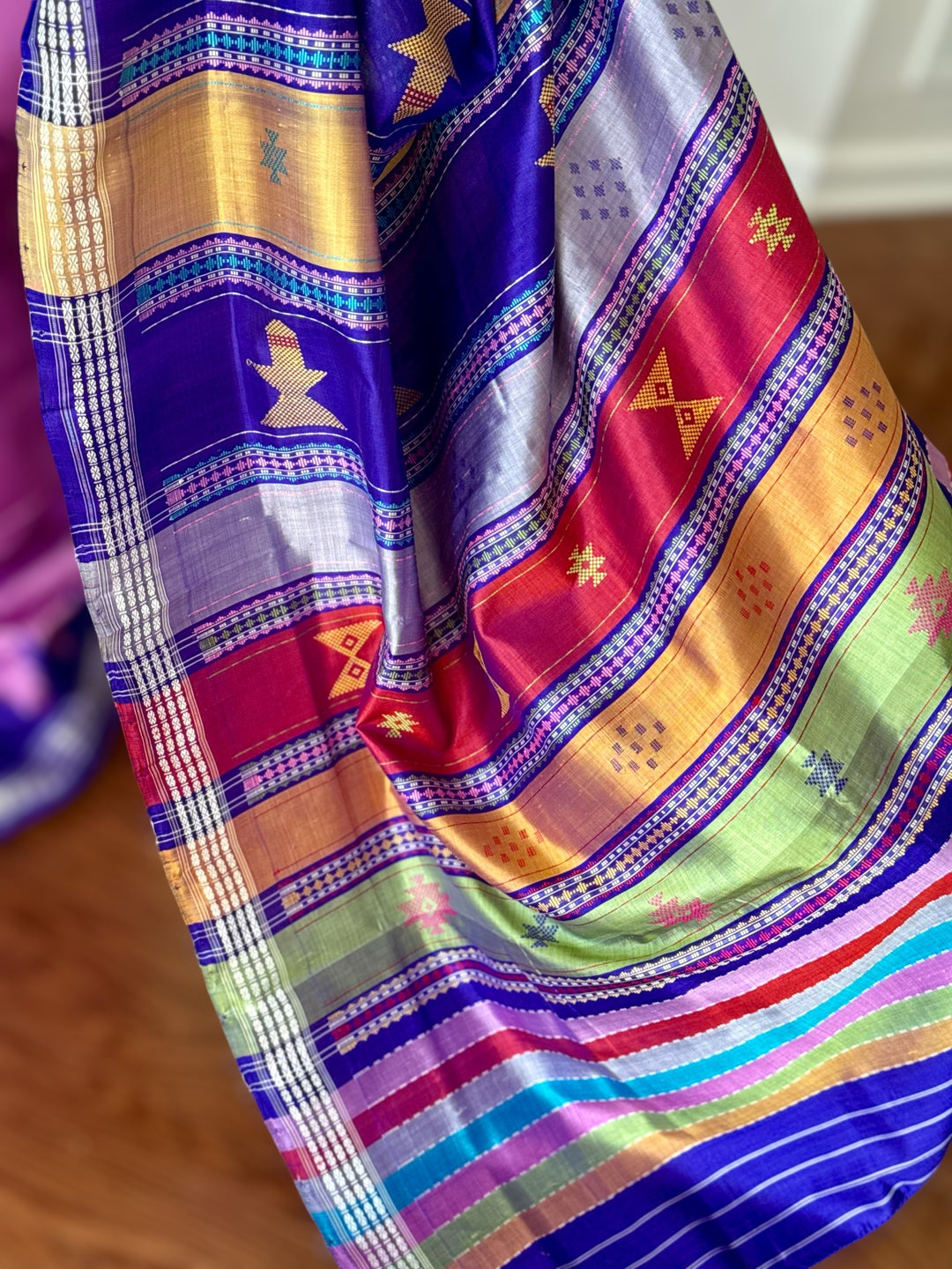 Lavender Pink with blue combination Berhampuri Double pallu pure silk saree