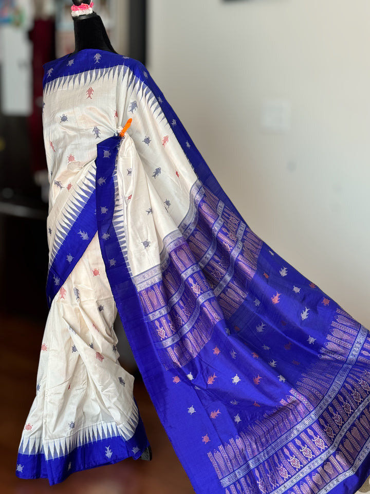 White and Blue combination exquisite piece of Bomkai Pure Silk Saree