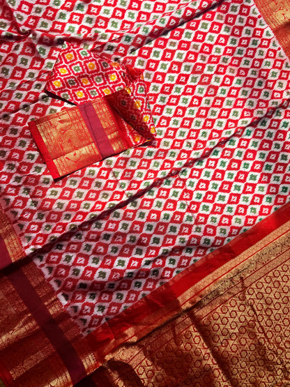 Red Twill Ikkat (Pochampally)handwoven pure silk Saree with Zari Woven Kanchipuram Border