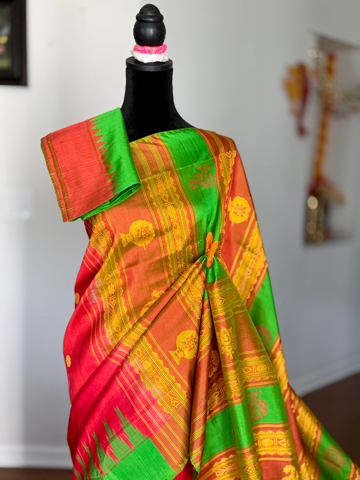 Dark Peach Berhampuri double pallu handwoven  Pure Silk Saree
