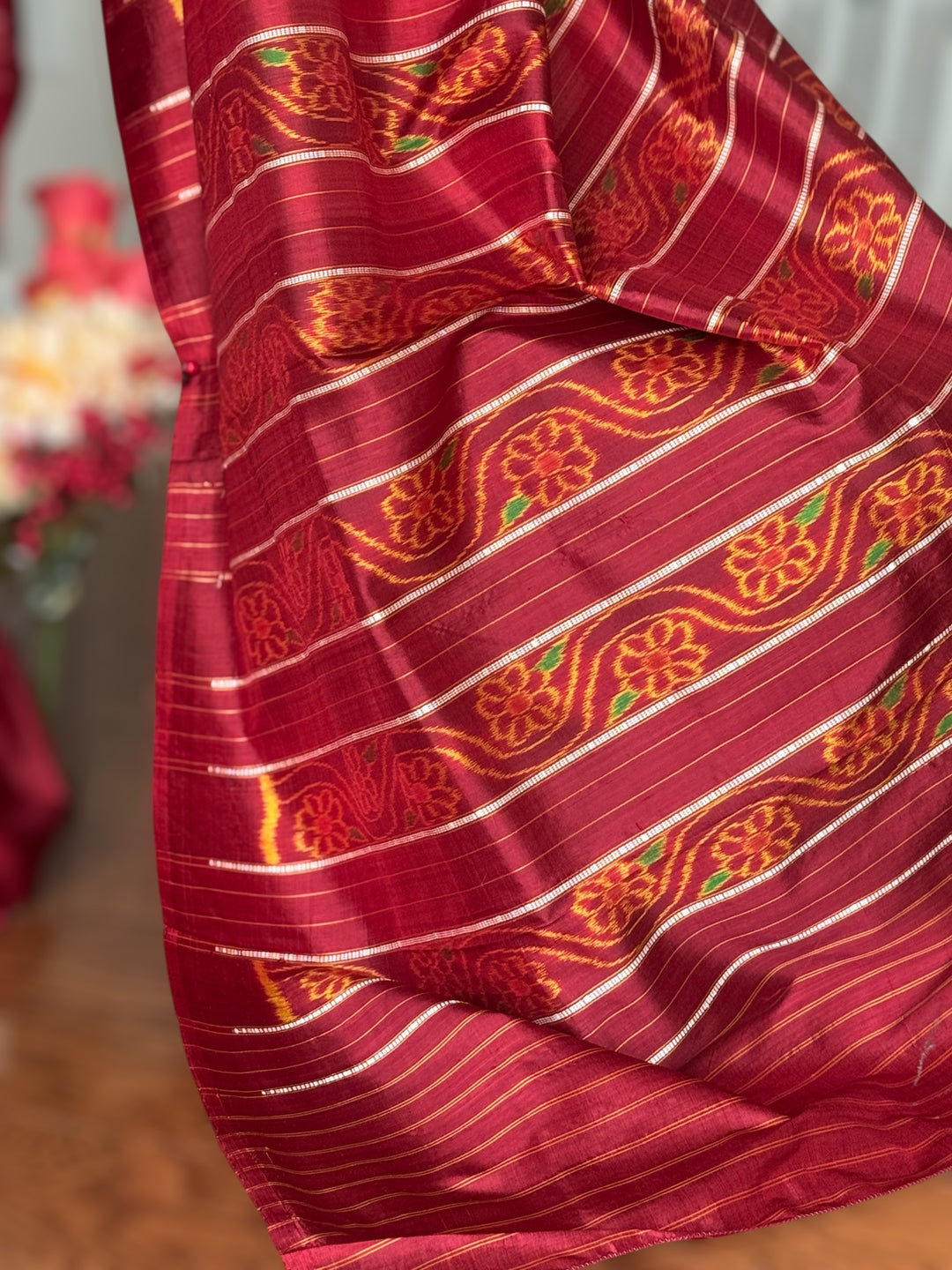 Fainted Maroon color Laxmi Pada contemporary ikat pure silk saree| Odisha Weaves