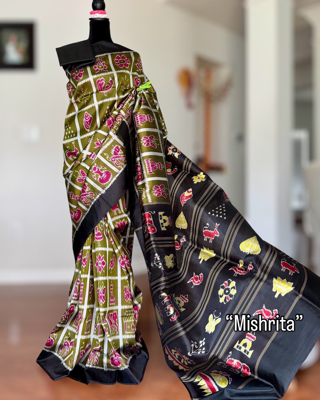 Olive Green Nabakothi Contemporary Ikat Pure Silk Saree|Odisha Weaves|Mishrita