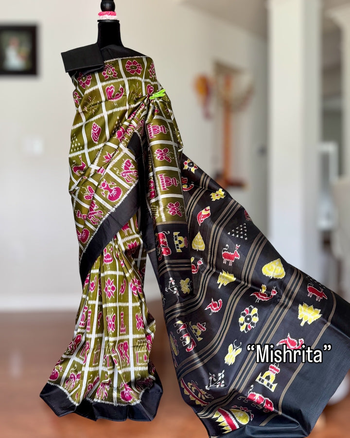 Olive Green Nabakothi Contemporary Ikat Pure Silk Saree|Odisha Weaves|Mishrita