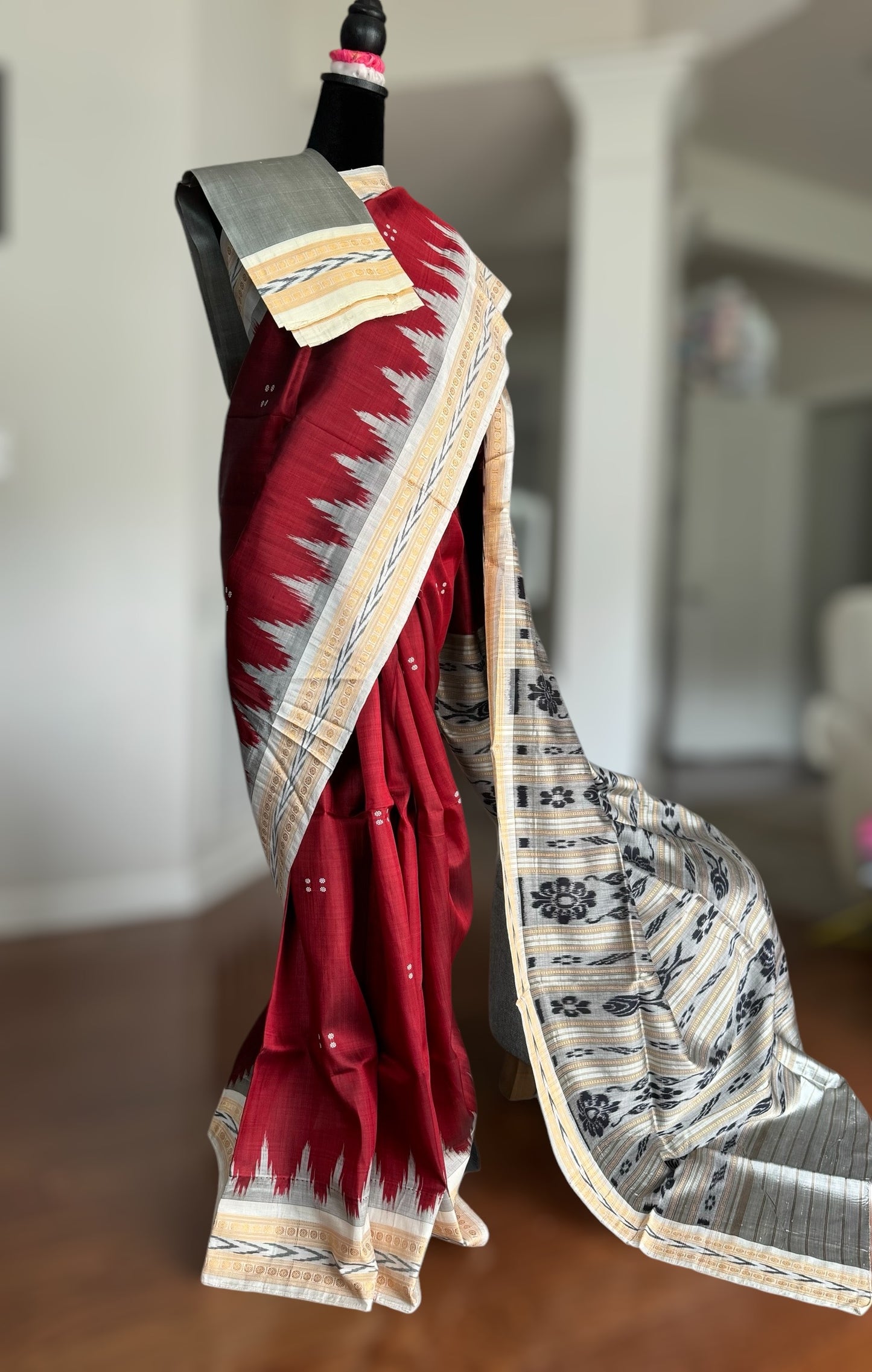 Maroon with cream combination khandua ikat pure silk saree from Odisha Weaves