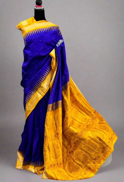 Royal blue and yellow combination Bomkai pure Silk Saree