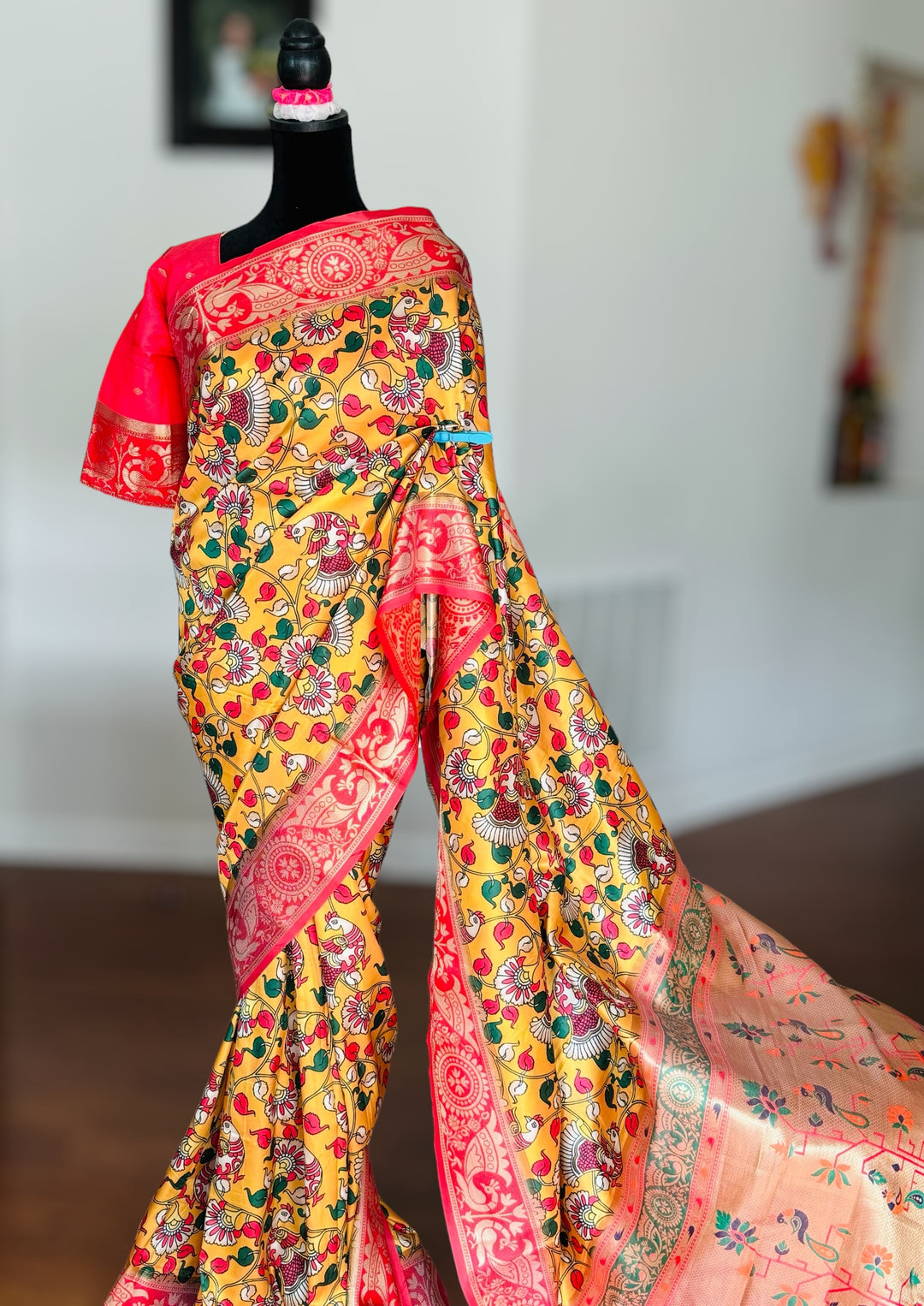 Kalamkari and paithani inspired artificial silk saree with stitched blouse|Value Vogue
