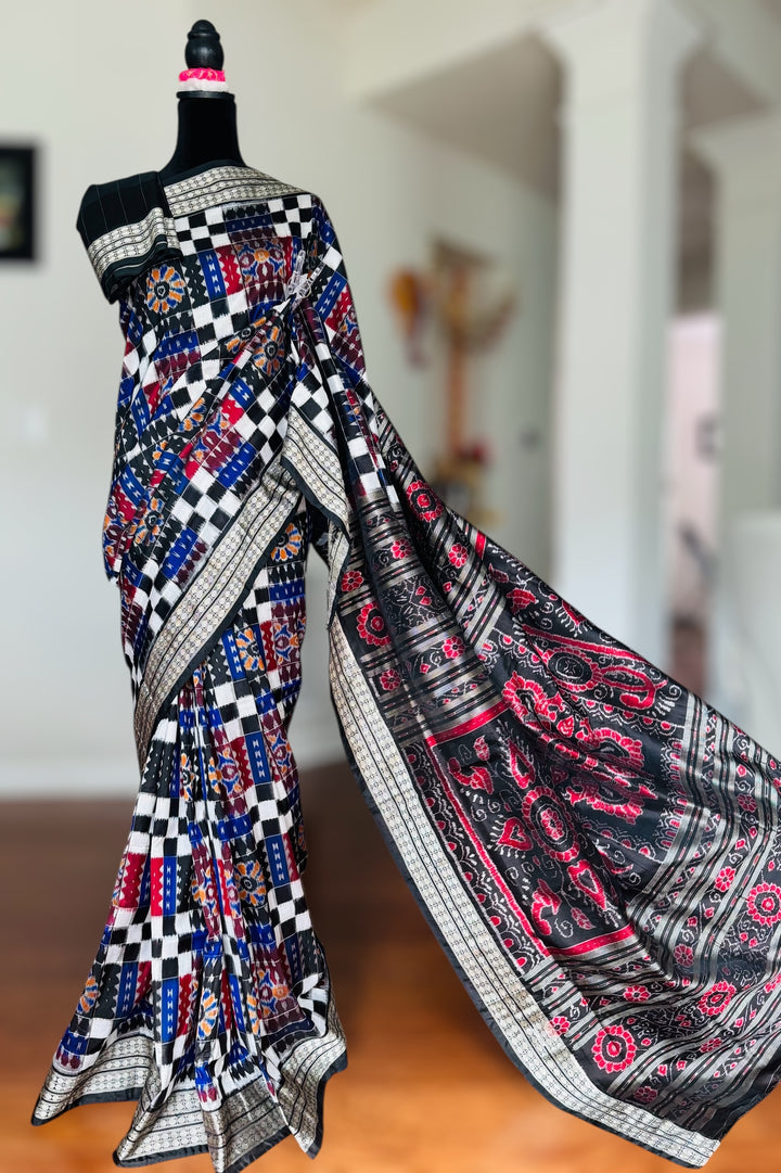 Handwoven Utkal Laxmi Sambalpuri ikat pure silk saree, Maroon Ikat pallu|Odisha Weaves|