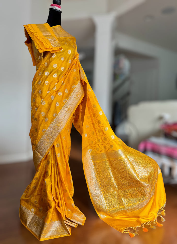 Banarasi Semi Mashru Silk Yellow color Saree|Value Vogue