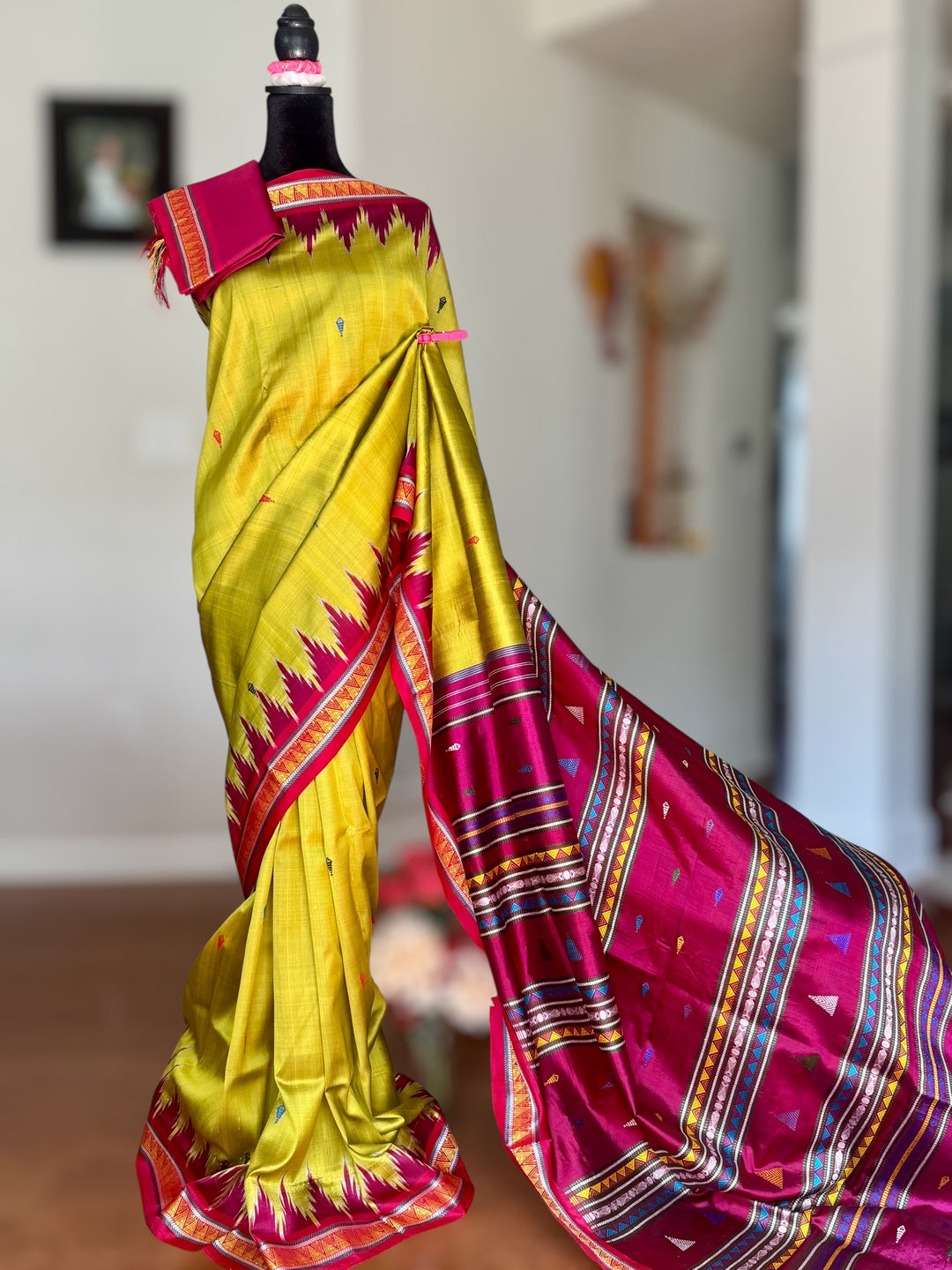 Light green and magenta pink combination Dongria double pallu contemporary ikat pure silk saree