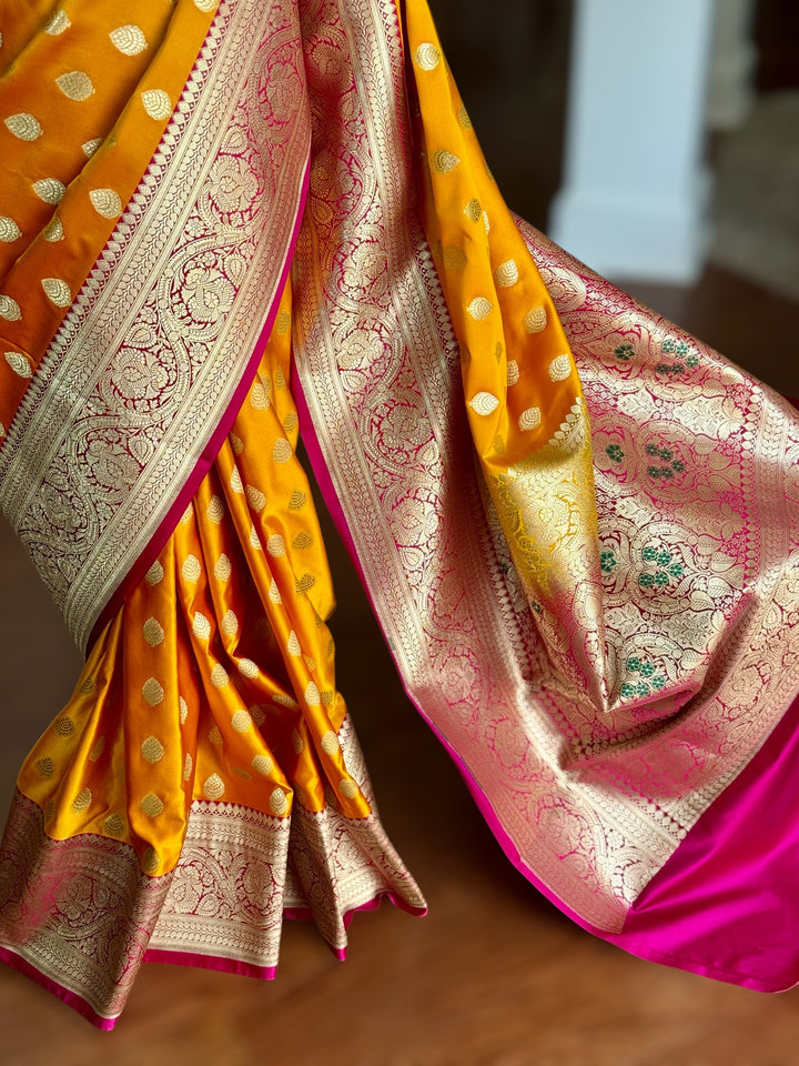 Orange Handloom Banarasi Silk Saree With Stitched Blouse