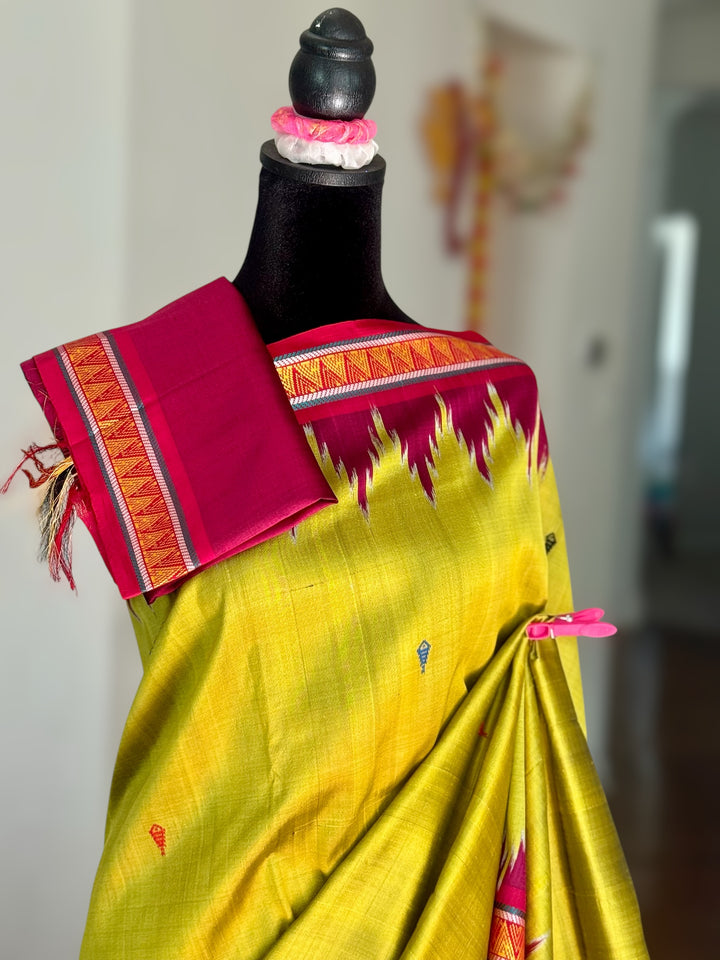 Light green and magenta pink combination Dongria double pallu contemporary ikat pure silk saree